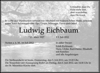 Anzeige von Ludwig Eichbaum von Schwäbische Zeitung