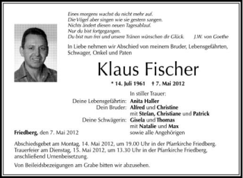 Anzeige von Klaus Fischer von Schwäbische Zeitung