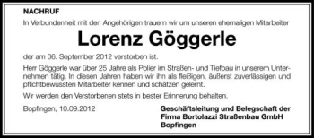 Anzeige von Lorenz Göggerle von Schwäbische Zeitung
