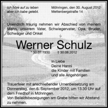 Anzeige von Werner Schulz von Schwäbische Zeitung