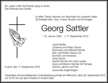 Anzeige von Georg Sattler von Schwäbische Zeitung