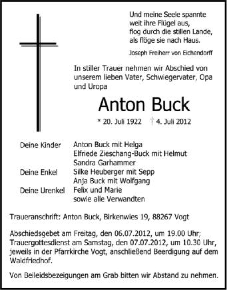  Traueranzeige für Anton Buck vom 06.07.2012 aus Schwäbische Zeitung