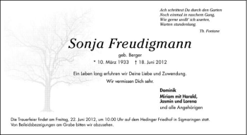 Anzeige von Sonja Freudigmann von Schwäbische Zeitung