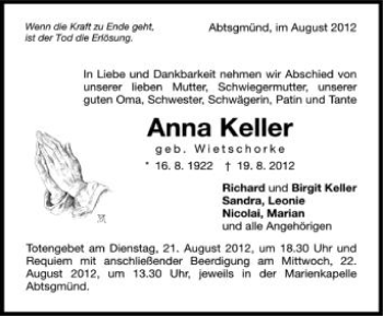 Anzeige von Anna Keller von Schwäbische Zeitung
