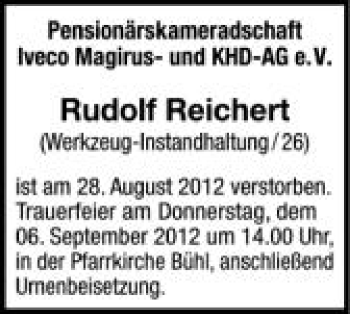 Anzeige von Rudolf Reichert von Schwäbische Zeitung
