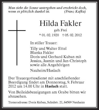 Anzeige von Hilda Fakler von Schwäbische Zeitung