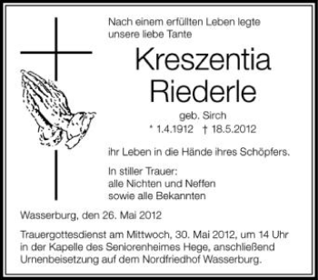 Anzeige von Kreszentia Riederle von Schwäbische Zeitung