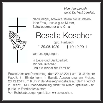 Anzeige von Rosalia Koscher von Schwäbische Zeitung