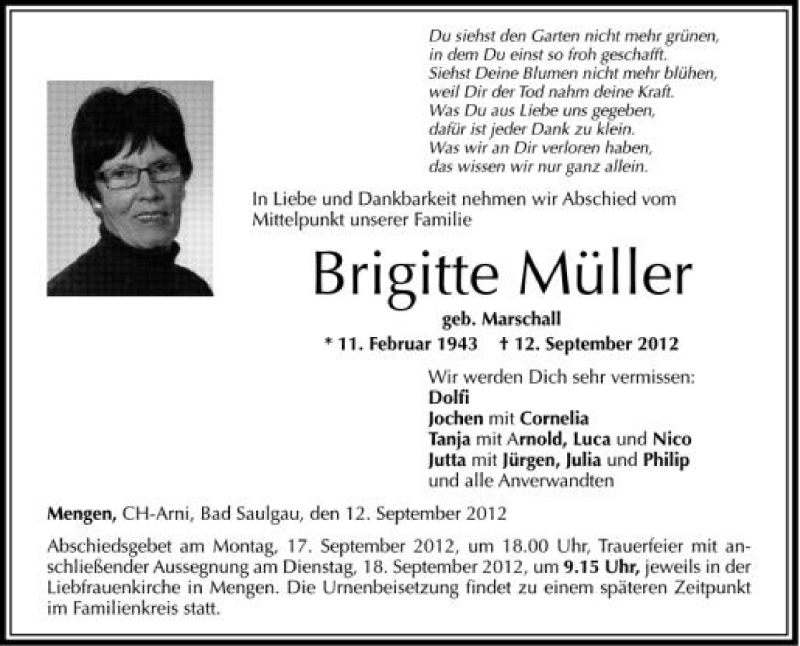  Traueranzeige für Brigitte  Müller vom 15.09.2012 aus Schwäbische Zeitung