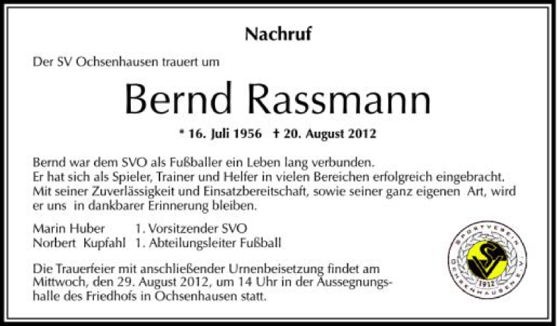  Traueranzeige für Bernd Rassmann vom 25.08.2012 aus Schwäbische Zeitung