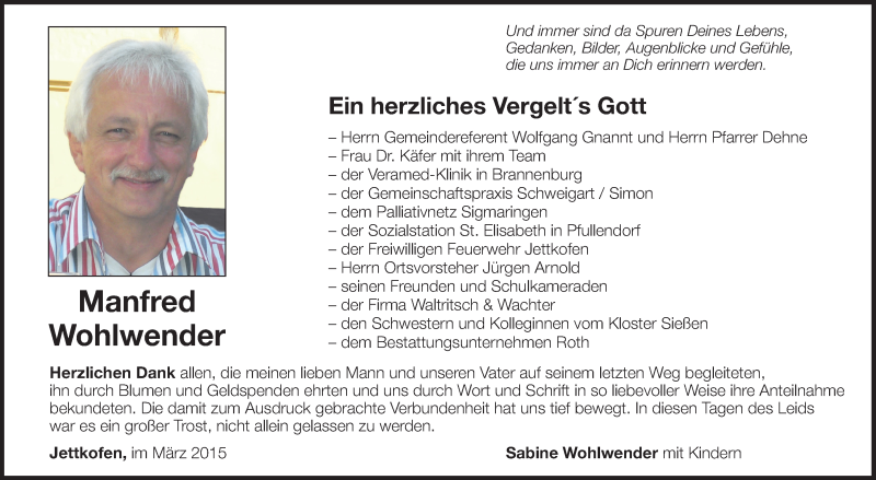  Traueranzeige für Manfred Wohlwender vom 21.03.2015 aus Schwäbische Zeitung