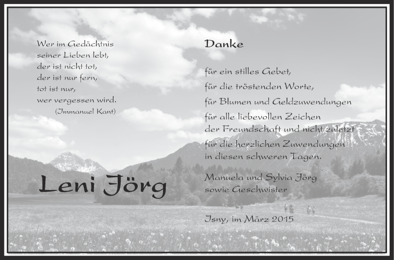  Traueranzeige für Leni Jörg vom 21.03.2015 aus Schwäbische Zeitung