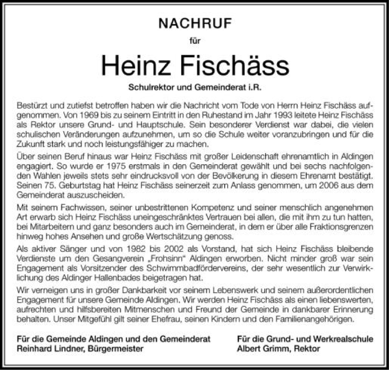  Traueranzeige für Heinz Fischäss vom 04.05.2012 aus Schwäbische Zeitung