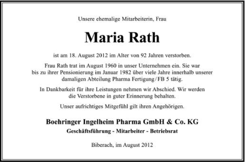  Traueranzeige für Maria Rath vom 24.08.2012 aus Schwäbische Zeitung