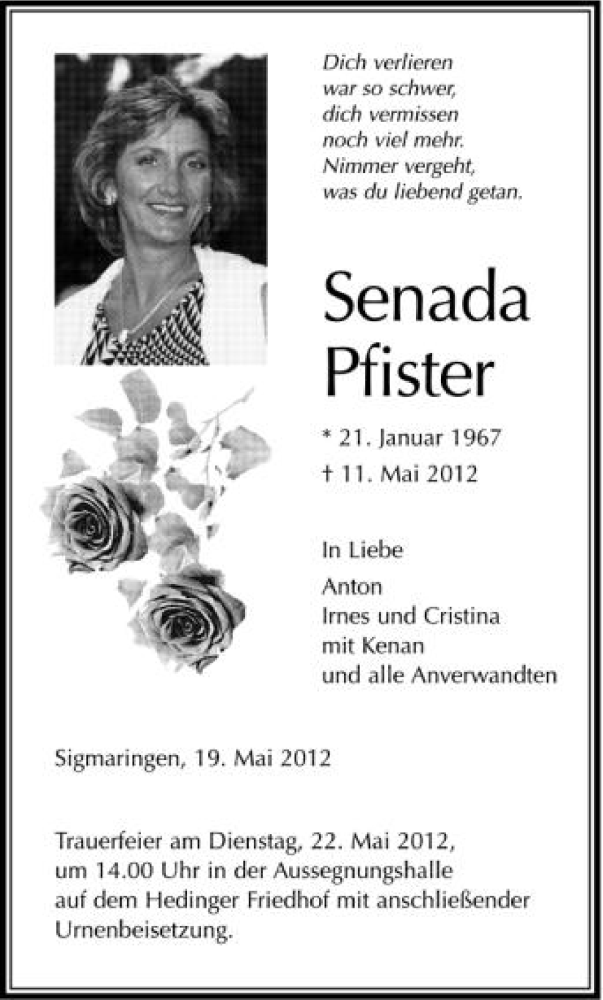  Traueranzeige für Senada Pfister vom 19.05.2012 aus Schwäbische Zeitung