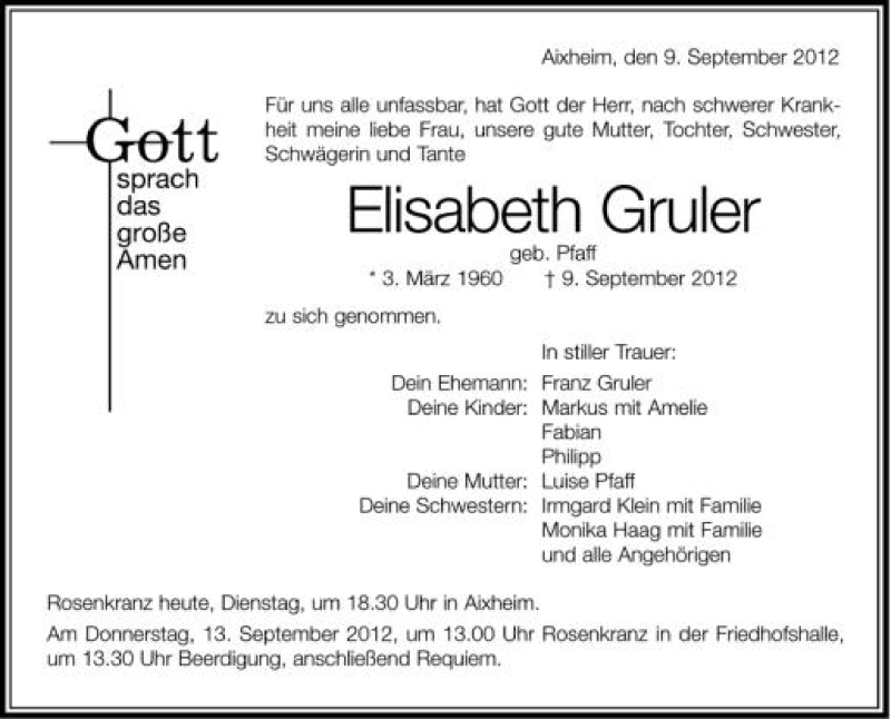  Traueranzeige für Elisabeth Gruler vom 11.09.2012 aus Schwäbische Zeitung