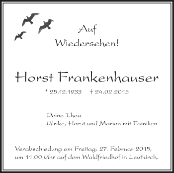 Anzeige von Horst Frankenhauser von Schwäbische Zeitung