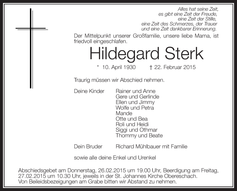  Traueranzeige für Hildegard Sterk vom 25.02.2015 aus Schwäbische Zeitung