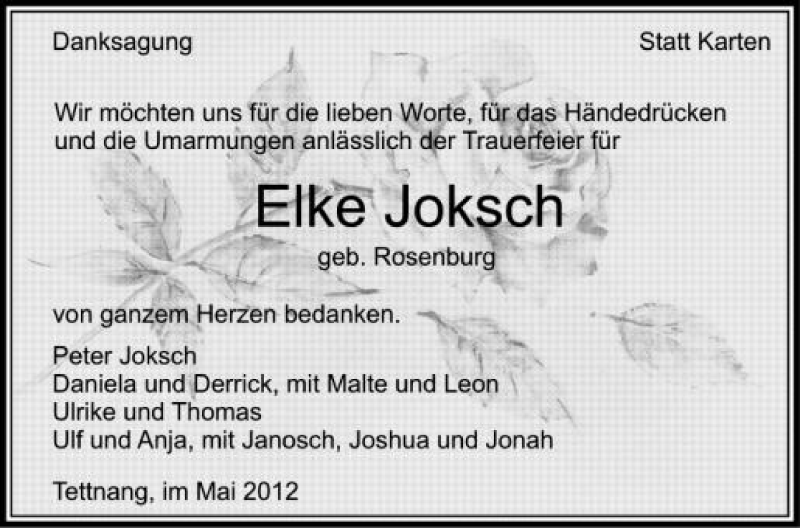  Traueranzeige für Elke Joksch vom 19.05.2012 aus Schwäbische Zeitung
