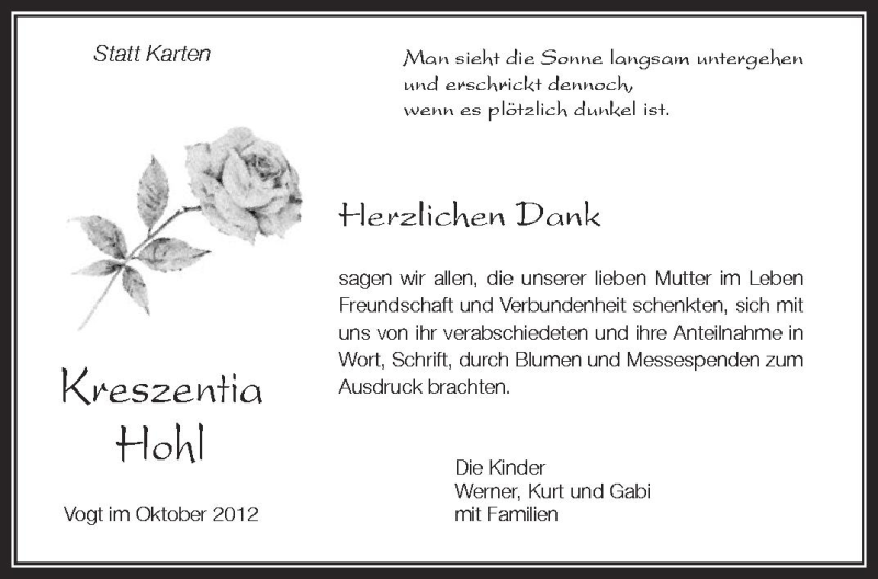  Traueranzeige für Kreszentia Hohl vom 13.10.2012 aus Schwäbische Zeitung