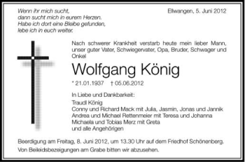 Anzeige von Wolfgang König von Schwäbische Zeitung