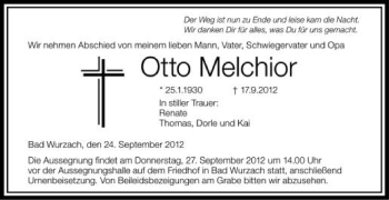 Anzeige von Otto Melchior von Schwäbische Zeitung