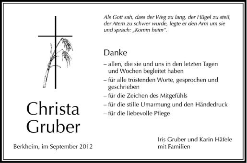  Traueranzeige für Christa Gruber vom 08.09.2012 aus Schwäbische Zeitung