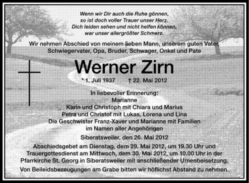  Traueranzeige für Werner Zirn vom 26.05.2012 aus Schwäbische Zeitung