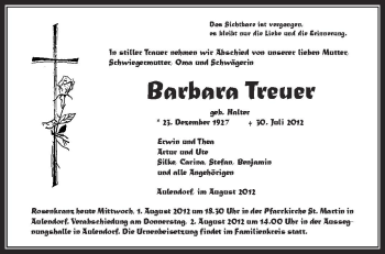 Anzeige von Barbara Treuer von Schwäbische Zeitung