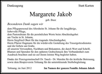 Anzeige von Margarete Jakob von Schwäbische Zeitung
