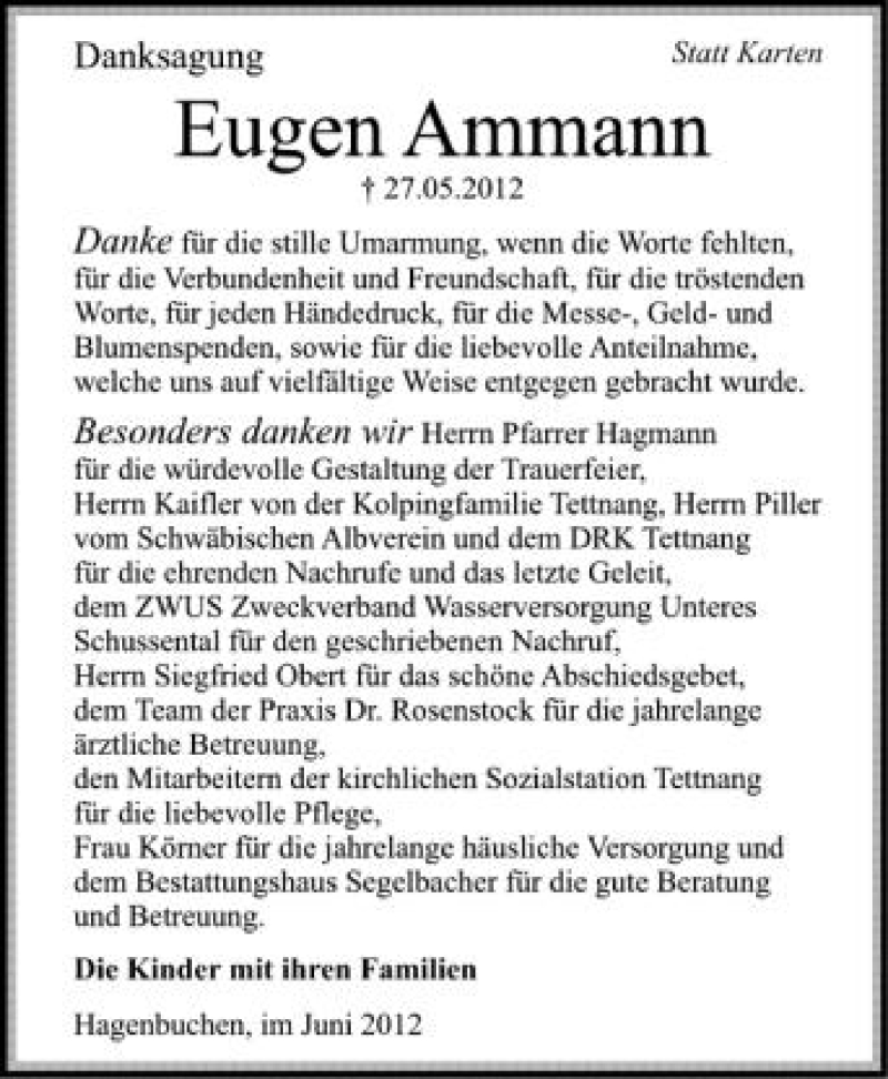  Traueranzeige für Eugen Ammann vom 09.06.2012 aus Schwäbische Zeitung