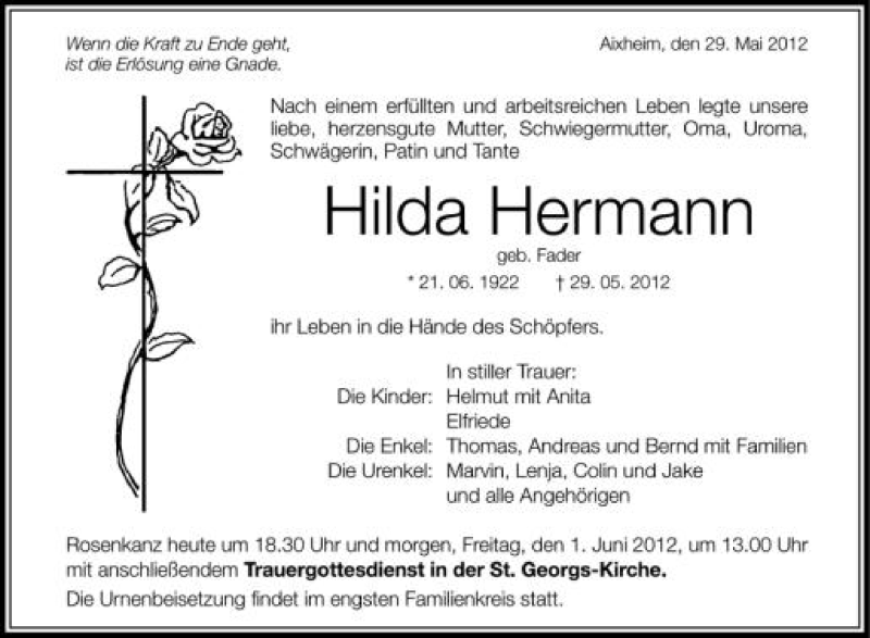  Traueranzeige für Hilda Hermann vom 31.05.2012 aus Schwäbische Zeitung