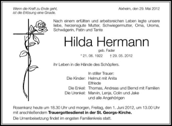 Anzeige von Hilda Hermann von Schwäbische Zeitung