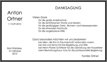 Anzeige von Anton Ortner von Schwäbische Zeitung