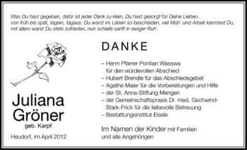 Anzeige von Juliana Gröner von Schwäbische Zeitung