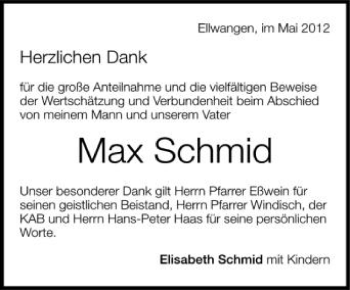 Anzeige von Max Schmid von Schwäbische Zeitung