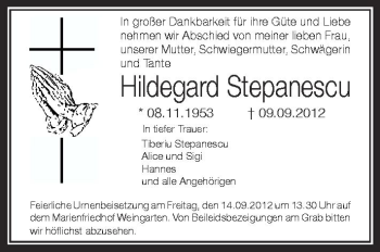 Anzeige von Hildegard Stepanescu von Schwäbische Zeitung