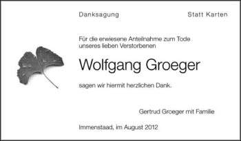 Anzeige von Wolfgang Groeger von Schwäbische Zeitung