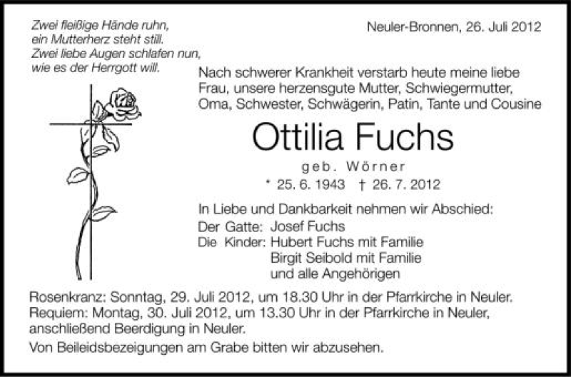  Traueranzeige für Ottilia Fuchs vom 28.07.2012 aus Schwäbische Zeitung