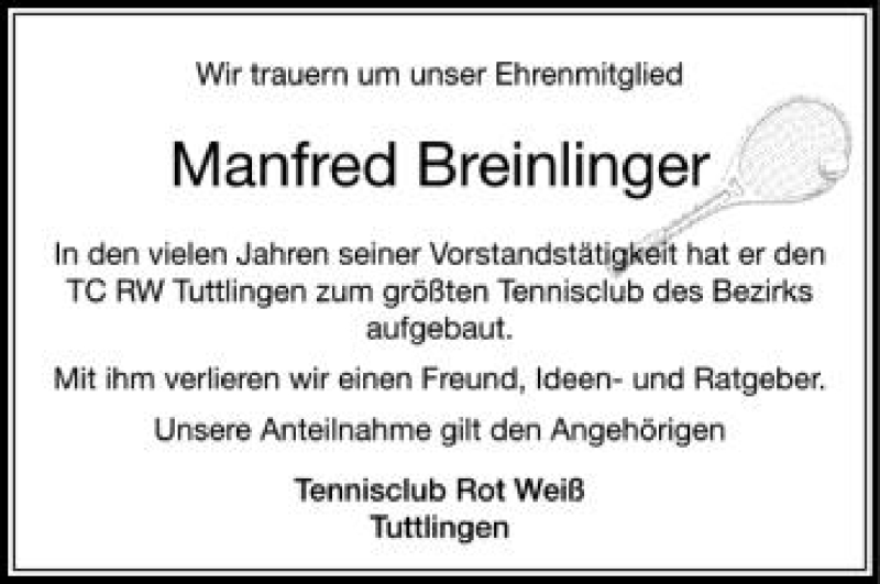  Traueranzeige für Manfred Breinlinger vom 11.07.2012 aus Schwäbische Zeitung