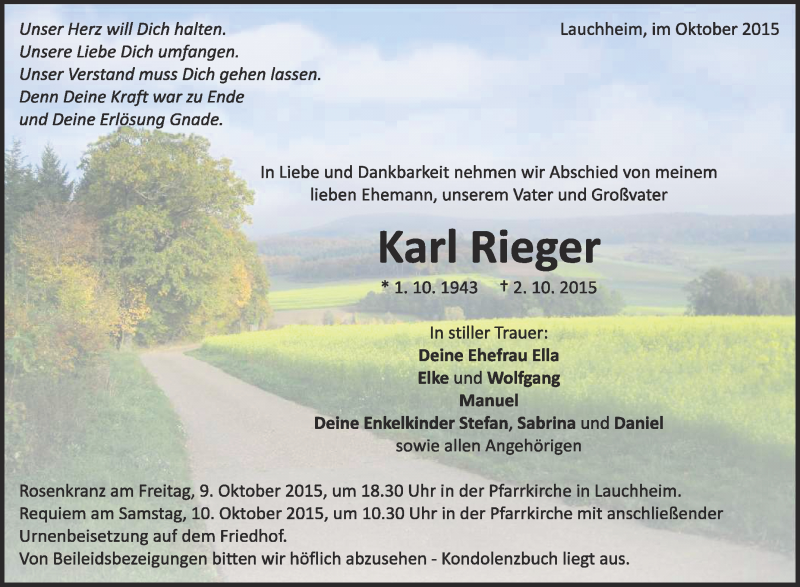  Traueranzeige für Karl Rieger vom 07.10.2015 aus Schwäbische Zeitung