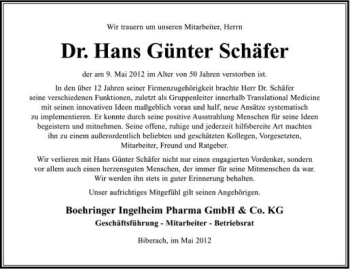 Anzeige von Hans Günter Schäfer von Schwäbische Zeitung