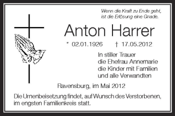 Anzeige von Anton Harrer von Schwäbische Zeitung