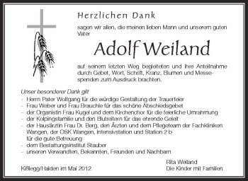 Anzeige von Adolf Weiland von Schwäbische Zeitung