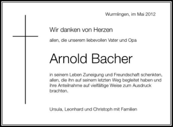 Anzeige von Arnold Bacher von Schwäbische Zeitung