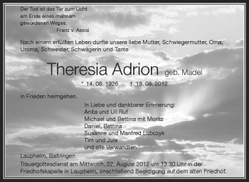Anzeige von Theresia Adrion von Schwäbische Zeitung