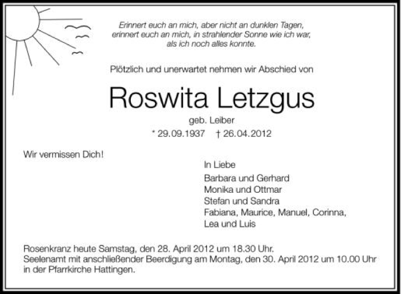  Traueranzeige für Roswita Letzgus vom 28.04.2012 aus Schwäbische Zeitung