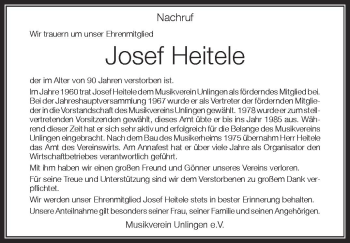 Anzeige von Josef Heitele von Schwäbische Zeitung