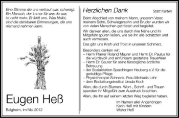 Anzeige von Eugen Heß von Schwäbische Zeitung
