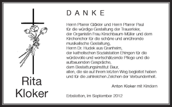 Anzeige von Rita Kloker von Schwäbische Zeitung